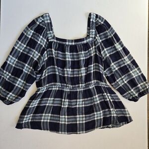 Lane Bryant Illusion Collection plaid blue top square neckline balloon sleeve 16